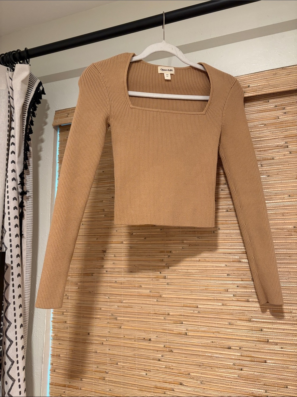 Open Edit Square-Neck Ribbed Long Sleeve Top in Camel